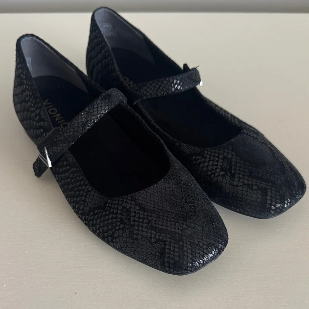 Vionic Black Snake-Embossed Mary Jane Flats - Picture 1 of 8